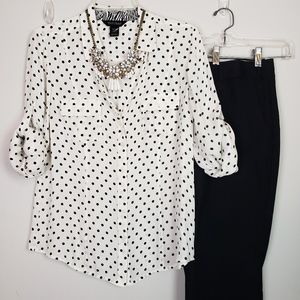 WHBM Polkadot Silk Roll Up Long Sleeve Career Top